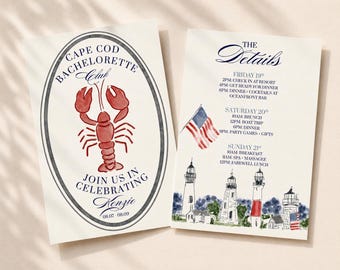 Cape Cod Bachelorette Invitation Template, Coastal Bach Weekend Itinerary, Lobster Nautical Invite (Digital Download)