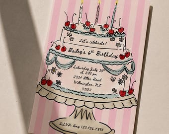 Cherry Cake Birthday Invitation, Pink Stripe Vintage Invite, Coquette Party (Digital Download)