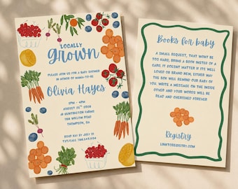 Locally Grown Baby Shower Invitation, Farmers Market Garden Theme, Watercolor Fruits Vegetables (Digital Download)