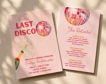 Last Disco Bachelorette Invitation Template, Watercolor Disco Ball Bach Weekend Itinerary (Canva Download)