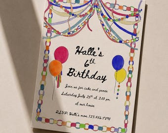 Colorful Watercolor Birthday Invitation Template, Kids Party Invite (Digital Download)