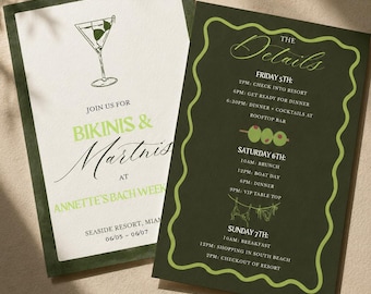 Bikinis & Martinis Bach Invitation, Miami Bachelorette Weekend Itinerary, Editable Canva Template