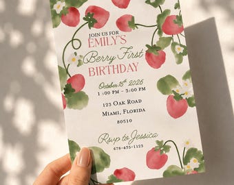 Watercolor Strawberry Berry First Birthday Invitation (Digital Download)