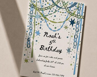 カラフルな水彩画風誕生日招待状テンプレート、子供向けパーティー招待状（デジタルダウンロード）