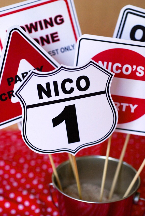 Vinage Race Car Party Signs - Personalized set of 6 on sticks - smaller sized Il_570xn