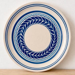 Oversized Hand-Painted Pottery Platter, Blue Laurel Wreath Charger, Studio Art 14.5 inch