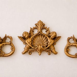 Vintage Hollywood Regency Gold Cherub Curtain Brackets & Tiebacks – Ornate Rococo Angel Set
