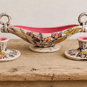 Vintage Hull Pottery Blossom Flite Console Set | Pink Mid Century Modern Ceramic Bowl Candlesticks