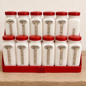 Ensemble de 13 pots à épices vintage en verre opalin Griffith's – Étagère Art Déco rouge