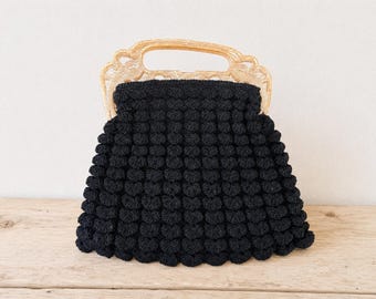Vintage 1930s–1940s Black Popcorn Crochet Purse with Carved Celluloid Peacock Frame