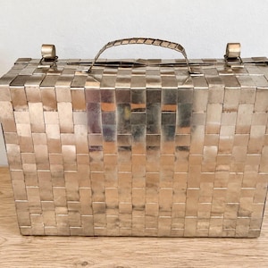 1950s Silver Metal Basketweave Box Purse | Mid-Century Chrome Tile Handbag (Unlined)