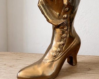 Vintage Solid Brass Victorian Boot Vase • Leonard Silver Co. Heeled Shoe Planter