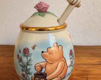 Lenox Classic Pooh Honey Pot Bee Dipper, Ivory China, Rose Lid, 24k Gold Trim