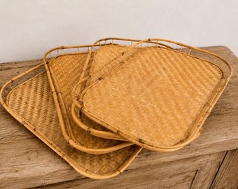 Set of 4 Vintage 1960s Woven Bamboo & Rattan Serving Trays | 13x19 Stacking MCM Tiki Lap TV Trays | Low Profile Boho Coastal Decor Mint