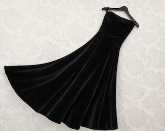 Vintage Laura Ashley Black Velvet Strapless Maxi Dress Gown Made in UK UK10 US8
