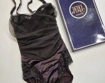 Body de corsé vintage La Perla – Bustier de tul y encaje color roble oscuro (Talla XS)