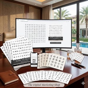 Può includere: Una scrivania con un monitor di computer che mostra icone vettoriali, circondato da set di icone stampate e uno smartphone. Il monitor mostra "10.000+ VECTOR ICONS MEGA BUNDLE". Il logo The Digital Marketing Shop è visibile.