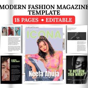 Può includere: Un modello di rivista con il titolo "MODERN FASHION MAGAZINE TEMPLATE" e il testo "18 PAGES • EDITABLE". La copertina presenta una donna e la parola "ICONA". Altre pagine includono testo e immagini. È visibile anche il testo "IF NOT NOW THEN WHEN?".