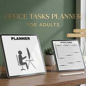 Könnte beinhalten: Zwei digitale Planer auf einer Holzoberfläche. Einer zeigt eine Person am Computer, der andere eine Büroaufgabenliste. Der Text auf dem ersten Planer lautet "PLANNER". Der zweite Planer hat die Worte "OFFICE TASKS". Der Hintergrund lautet "OFFICE TASKS PLANNER FOR ADULTS".