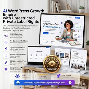 AI WordPress Growth Empire digital download featuring editable guides, templates, and tools with unrestricted private label rights for blogging and online business