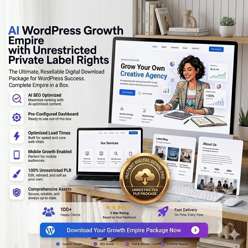 AI WordPress Growth Empire digital download featuring editable guides, templates, and tools with unrestricted private label rights for blogging and online business