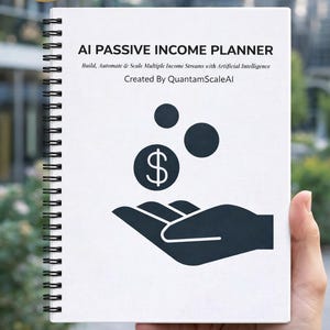 Puede incluir: Un cuaderno encuadernado en espiral con el título "AI Passive Income Planner" con texto sobre la creación de flujos de ingresos con IA. La portada presenta una silueta de mano sosteniendo un signo de dólar y monedas. Incluye insignias "Premium Product" y "Digital Product".