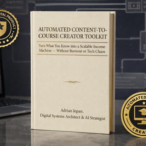 Op de afbeelding: Een crème hardcover boek getiteld "AUTOMATED CONTENT-TO-COURSE CREATOR TOOLKIT" met gouden letters. Het boek bevat de naam van de auteur, Adrian Iepan. Een gouden zegel met de woorden "PREMIUM DIGITAL PRODUCT" staat links.