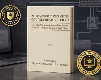 Automated Content-to-Course Creator Toolkit book on modern workspace with AI strategy and workflows guides, ideal for scaling digital income