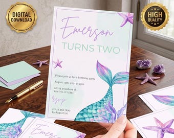Mermaid Birthday Invitation, Editable Canva Template, Under the Sea Magical Party Invite, Kids Birthday Digital Download for Girls