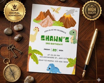 Editable Canva Template, Dinosaur Birthday Party Invitation, Boy's Dino Theme Invite, Roar Birthday Party Digital Download, Green T-Rex