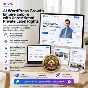 May include: A promotional image for a digital download package. The image features a laptop, a desktop monitor, and several informational printouts. Text includes "AI WordPress Growth Empire" and "Unrestricted Private Label Rights." A gold coin with "Instant Digital Download" is also visible.