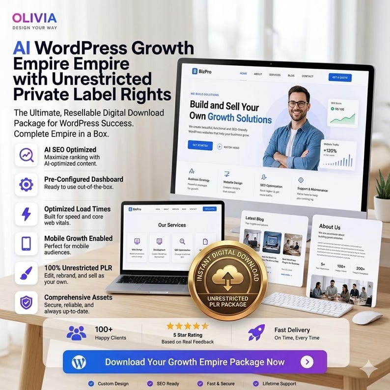 May include: A promotional image for a digital download package. The image features a laptop, a desktop monitor, and several informational printouts. Text includes "AI WordPress Growth Empire" and "Unrestricted Private Label Rights." A gold coin with "Instant Digital Download" is also visible.