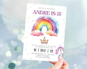 Rainbow Birthday Party Invitation, Canva Editable Colorful Birthday Invite, Pastel Rainbow Girl Birthday Party, Instant Download Template