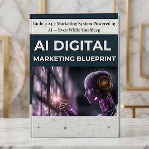 Puede incluir: Un libro titulado "AI DIGITAL MARKETING BLUEPRINT" con un diseño futurista. La portada presenta un robot morado y el texto "Build a 24/7 Marketing System Powered by AI - Even While You Sleep."