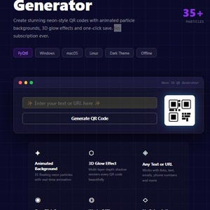 以下が含まれることがあります： 「Neon QR Generator」のダークブルーのグラフィック。アニメーション背景、3Dグロー効果、ワンクリック保存などの機能を紹介。ソフトウェアは1回限りの購入です。