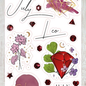 May include: A set of July themed stickers featuring a red ruby gemstone, flowers, and the text "July Leo" and "July ruby".