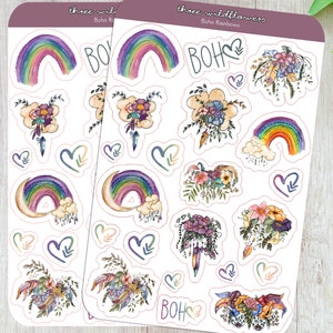 Boho Beauty Sticker Sheet, Watercolor Rainbows and Floral Feathers Stickers