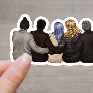 May include: Five people, wearing winter clothing, are standing back to back with their arms around each other. They are all wearing hats and sweaters. The people are facing away from the camera.
