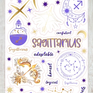 May include: A set of 12 Sagittarius zodiac sign stickers featuring a purple, gold, and white color scheme. The stickers include a constellation, a crescent moon, an arrow, and a bottle with a purple liquid. The stickers are decorated with stars and the words "Sagittarius", "adventurous", "confident", "adaptable", "honest", "logical", "passionate".