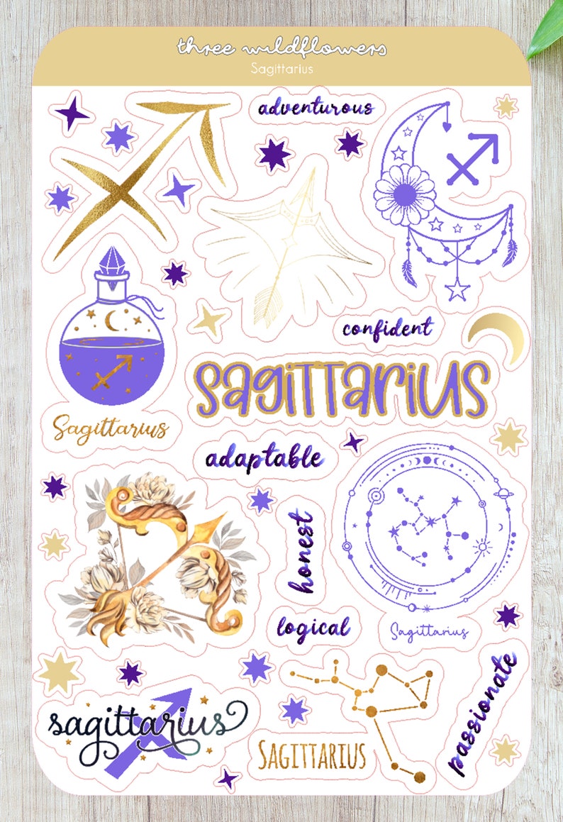 May include: A set of 12 Sagittarius zodiac sign stickers featuring a purple, gold, and white color scheme. The stickers include a constellation, a crescent moon, an arrow, and a bottle with a purple liquid. The stickers are decorated with stars and the words "Sagittarius", "adventurous", "confident", "adaptable", "honest", "logical", "passionate".