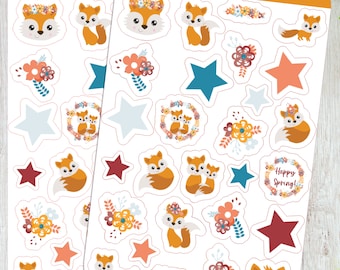 Fox Sticker Sheet, Floral Foxes Stickers, Spring Foxes