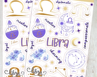 May include: A set of 24 Libra zodiac sign stickers featuring a variety of designs, including a scale, a crescent moon, a bottle, a constellation, and a floral design. The stickers are in shades of purple, gold, and white.