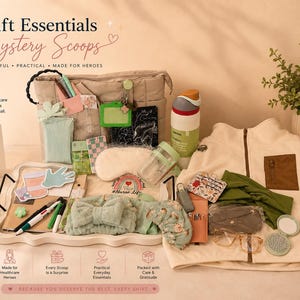 May include: A collection of healthcare-themed items including a beige quilted tote bag, a cream-coloured fleece vest with a brown pocket, a white tray, a candle, a water bottle, a sleep mask, pens, a hair accessory, and a card reading Shift Essentials.