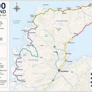 Puede incluir: Un mapa de la ruta North Coast 500 en Escocia, con un camino multicolor que destaca el viaje de 516 millas. El mapa incluye detalles de texto sobre la ruta, una leyenda, paradas diarias sugeridas y consejos de viaje para el recorrido.