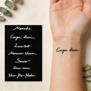 May include: A black and white print featuring the phrases "Meraki", "Carpe diem", "Lux sit", "Momenco Vivere", "Saris", "Sine meu", and "Vivo Pro Hodie" in a handwritten style. The words "Carpe diem" are also on a wrist.