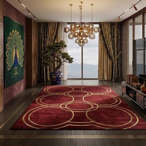 Luxury Burgundy Hand Tufted Wool Rug, Art Deco Geometric Circle Rug, Modern Statement Area Rug, Custom Handmade Carpet