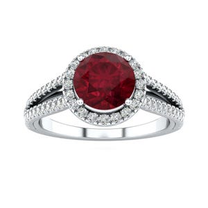 Round Lab-Created Ruby and Diamond Halo Engagement Ring in Sterling Silver