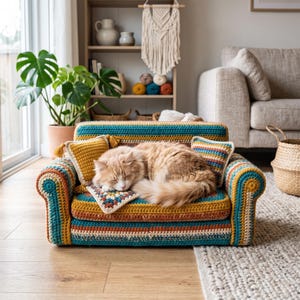 May include: A small, rectangular pet sofa featuring a multi-colored crochet pattern in shades of teal, mustard yellow, orange, and cream. The sofa includes two small square crochet pillows and a fluffy ginger cat sleeping on the seat cushion.
