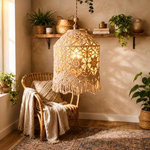 Boho makramélampskärm, handvävd taklampa i bomullsrep, virkad hängande lampa i blommönster, rustik ljuskronadekor