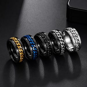 Spinner Chain Ring for Men & Women, Stainless Steel Rotating Fidget Ring, Punk Biker Band, Black Silver Gold Blue Wedding Promise Ring